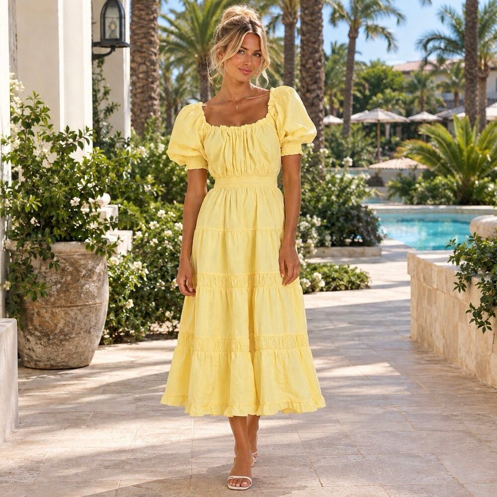 Ulla Johnson Colette Yellow Poplin  Cotton Puff Sleeve Tiered Midi Dress Sz 4